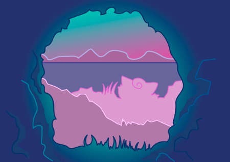 A view on the sea from grotto. Pink, blue and lilac colors.のイラスト素材