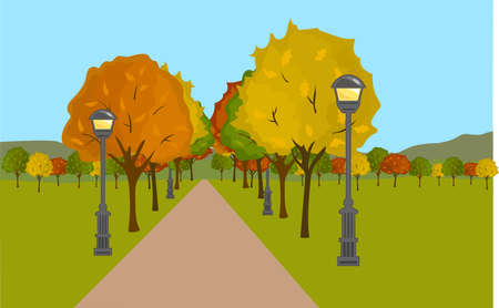 The alley in the colorful autumn park. Lanterns.のイラスト素材