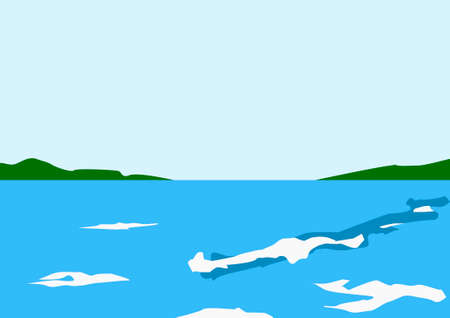 Blue sea, green island, white foamy wavesのイラスト素材