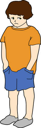 A sad boy in orange t-shirt and blue shorts.のイラスト素材