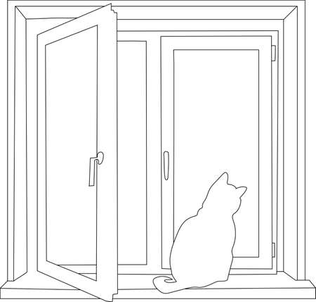 The contour of the open window with the cat on the windowsill.のイラスト素材