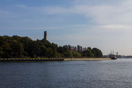View of the Motlava River and the Westerplatte Memorial in Gdansk. Polandのeditorial素材