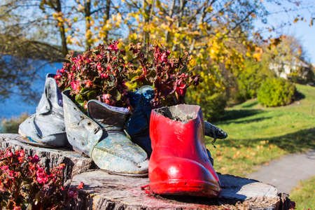 The original flowerbed is made of old shoes in Trakai. Lithuania.