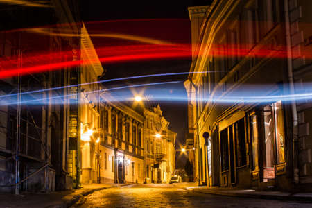 Narrow street in the Old Town of Vilnius at night. Lithuaniaの写真素材