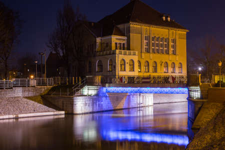 View of the river embankment in the city of Wroclaw at night. Polandの写真素材