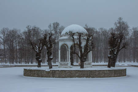 Snowfall in Tallinn. Beautiful gazebo on an island in the middle of a pond in winter. Estoniaの写真素材