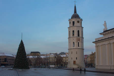 Belltower of the Cathedral Basilica of St Stanislaus and St Ladislaus of Vilnius at winter. Lithuaniaの写真素材