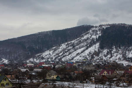 Panorama of the Carpathian village of Yaremche in winter. Ukraineの写真素材