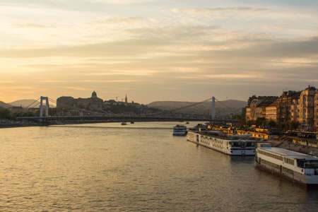 View of the Danube river embankment in Budapest at sunset. Hungaryのeditorial素材