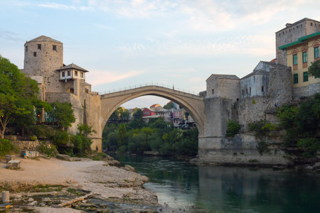 View of the historic Old Bridge in Mostar at dawn. Bosnia and Herzegovinaの写真素材
