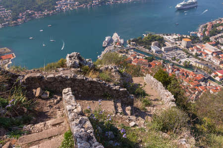 Beautiful view of the city of Kotor from the Castle Of San Giovanni on a sunny day. Montenegroの写真素材