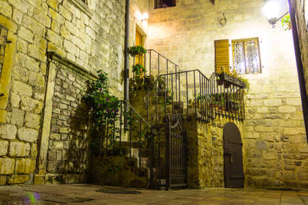 Narrow street in the Old Town of Kotor at night. Montenegroの写真素材