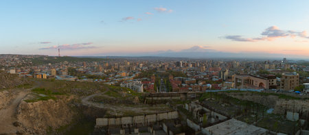 Panorama of Yerevan city at sunset. Armeniaの写真素材