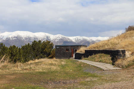 A toilet building with incredible mountain views near Lake Sevan in Armenia