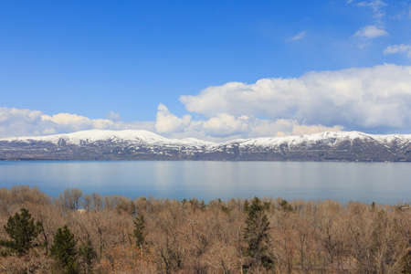 View of Lake Sevan and the snow-capped peaks around it in Armenia.の写真素材