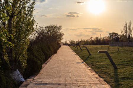 Walkway in the park in Yerevan at sunset. Armenia
