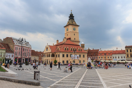 Consular Square of the city of Brasov in the evening before a thunderstorm. June 27, 2019のeditorial素材