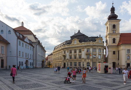 The central square of the city of Sibiu on a warm summer evening. Transylvania. Romania. June 28, 2019のeditorial素材