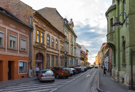 Beautiful historic houses on the streets of the Old Town in Sibiu. Transylvania. Romania. June 28, 2019のeditorial素材