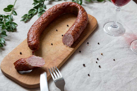 Tasty homemade smoked sausage is ready to eatの写真素材