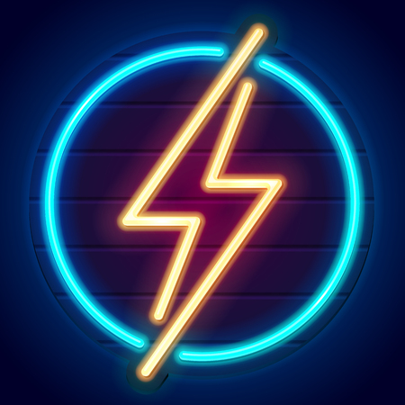 Neon thunderbolt on a signboard. Logo on dark background. Yellow lightning bolt in blue circle.のイラスト素材