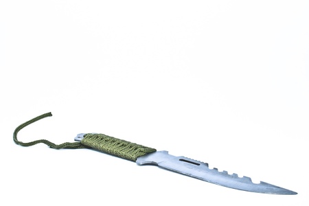 Fixed blade knife with gut hook. Army green handle, on white.の写真素材