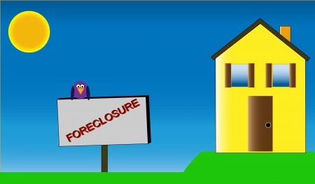 Illustration of an empty yellow home with a foreclosure sign out front. A purple bird perches on the...