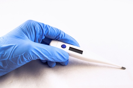 Hand donned in blue latex glove displays an electric thermometer. 