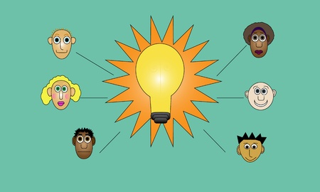 Illustration of bright shining light bulb. Brainstorm concept with many coworkers input.のイラスト素材