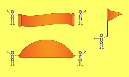 Set of shiny robot figures holding different shaped orange banners. File is layered and pixel perfect.のイラスト素材