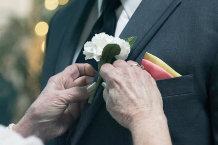 Senior woman fixing boutonniere on groom's suitの写真素材