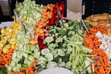 Variety of healthy chopped fruits and vegetables arranged on table