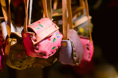 Pink and purple lather purses in the flea markets of Mexico.の写真素材