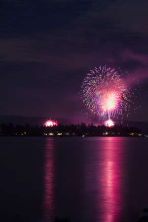 Cityscape fireworks with a beautiful lake reflection.