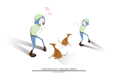 Vector represent contrast of perception of one woman who love the cute brown dog as a pet but hate same type of dog as a stray dogのイラスト素材