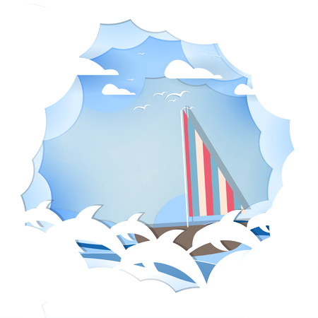 paper art travel by boat with dolphin welcome concept vector background designのイラスト素材