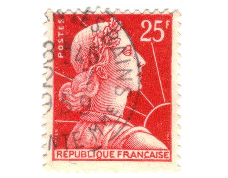 Old red french stamp with an headの写真素材