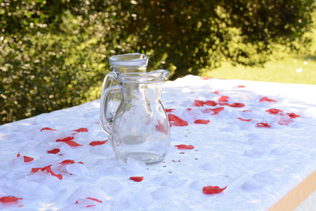 Two empty cocktail carafes on the tableの写真素材
