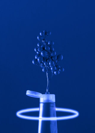 Blue grapes come out from blue tube of paint on blue background. Creative idea of summer or autumn fruit and nature concept. Fluorescent background and colorful fruit inspiration.の写真素材