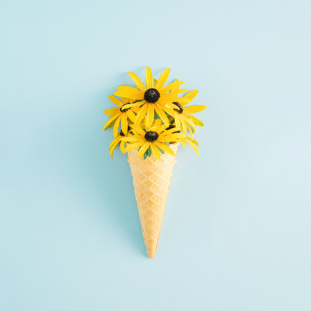 Creative idea of ice cream with 
yellow flowers in a cone on blue background. Minimal summer or dessert concept.の写真素材