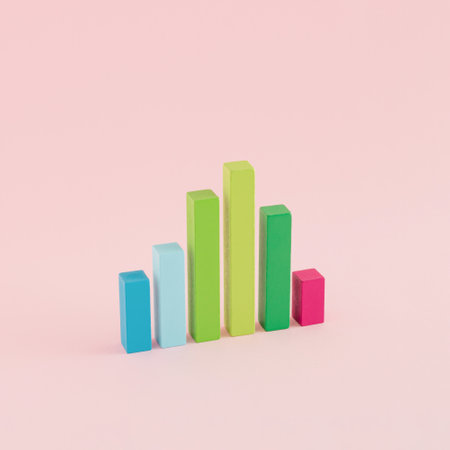 A creative arrangement of statistical data representation made of wooden cuboids on a pink...