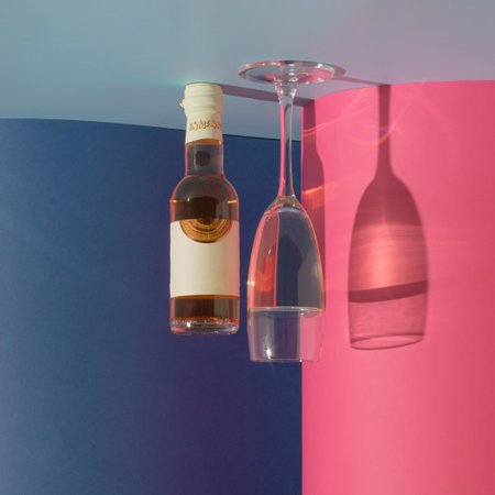 A creative illusion with a bottle and a glass on a blue and pink background. Minimal party and drink concept. Socializing and New Year inspiration.の写真素材
