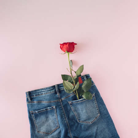 Creative arrangement made of red rose in a jeans pocket on a pink background. Minimal flat lay concept. Love and Valentine's Day inspiration.の写真素材