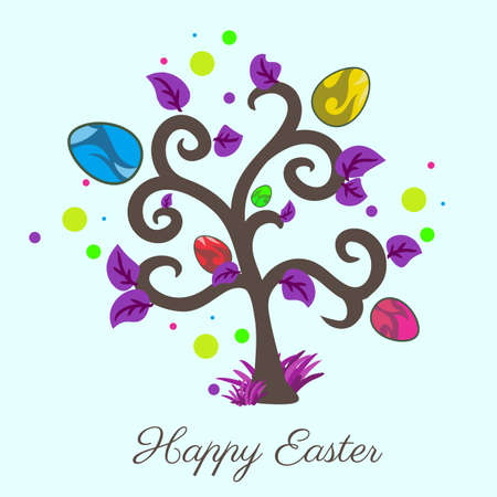 Vector easter tree. Holiday card. Violet color. Blue background.のイラスト素材