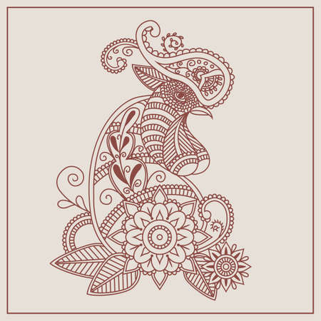 Vector mehendi with henna rooster. Format eps10.のイラスト素材