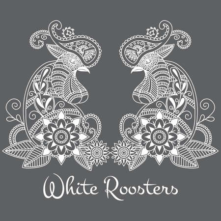 Vector mehendi with white roosters. Format eps10.のイラスト素材