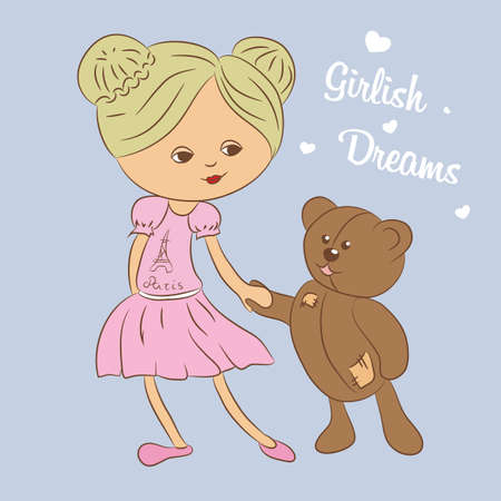 Girl with teddy bear illustration.のイラスト素材