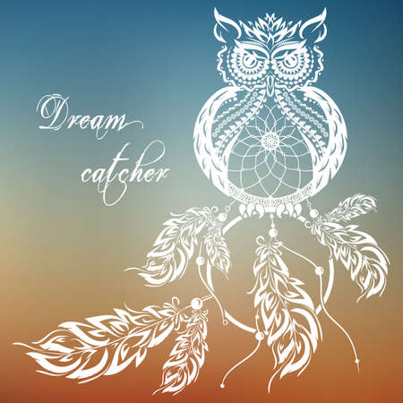 Vector dream catcher owl. Sunset background.のイラスト素材