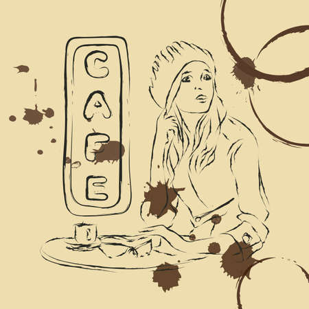 Vector sketch cute woman in cafe illustration.のイラスト素材