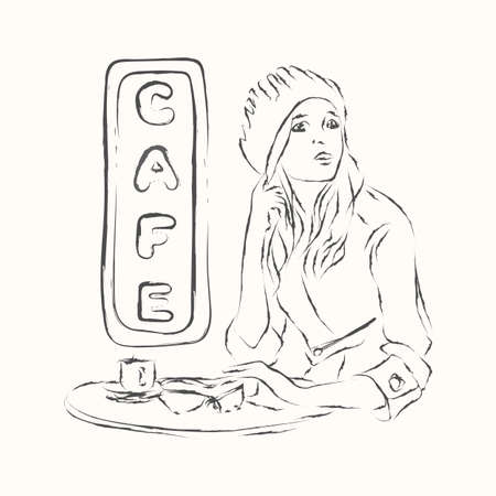 Vector sketch cute girl in cafe illustration.のイラスト素材